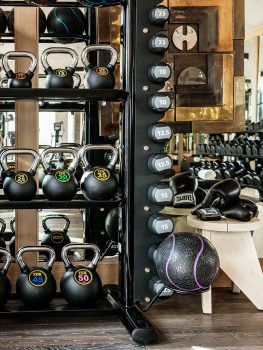 austin proper gym with close up on weights and medicine ball