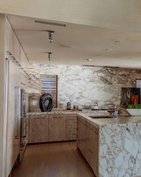 Malibu Beach House gourmet kitchen with marble counter tops