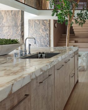 Malibu Beach House gourmet kitchen with marble counter tops